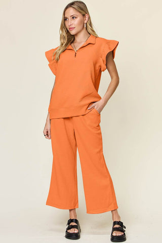 Double Take Texture Ruffle Short Sleeve Top and Drawstring Wide Leg Pants Set - Just Believe Boutique