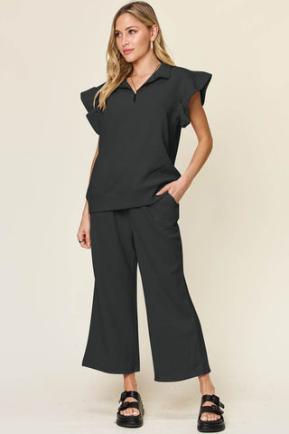Double Take Texture Ruffle Short Sleeve Top and Drawstring Wide Leg Pants Set - Just Believe Boutique