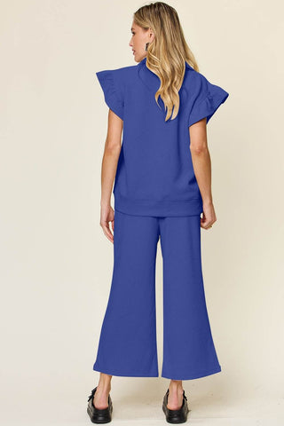 Double Take Texture Ruffle Short Sleeve Top and Drawstring Wide Leg Pants Set - Just Believe Boutique