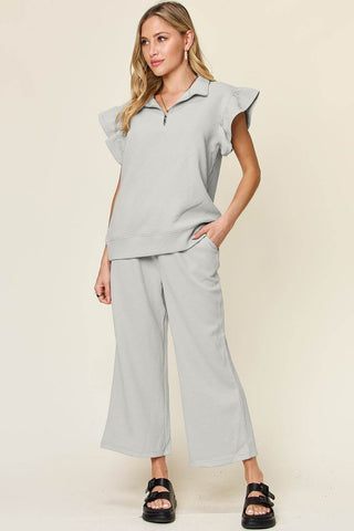 Double Take Texture Ruffle Short Sleeve Top and Drawstring Wide Leg Pants Set - Just Believe Boutique