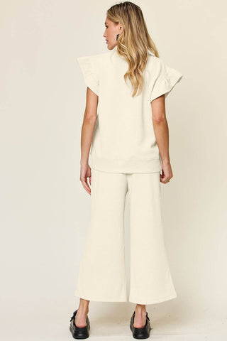 Double Take Texture Ruffle Short Sleeve Top and Drawstring Wide Leg Pants Set - Just Believe Boutique