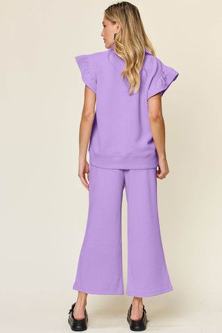 Double Take Texture Ruffle Short Sleeve Top and Drawstring Wide Leg Pants Set - Just Believe Boutique