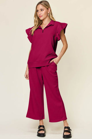 Double Take Texture Ruffle Short Sleeve Top and Drawstring Wide Leg Pants Set - Just Believe Boutique