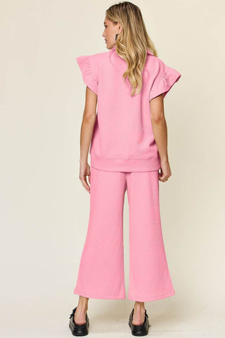 Double Take Texture Ruffle Short Sleeve Top and Drawstring Wide Leg Pants Set - Just Believe Boutique