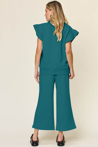Double Take Texture Ruffle Short Sleeve Top and Drawstring Wide Leg Pants Set - Just Believe Boutique