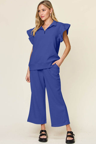 Double Take Texture Ruffle Short Sleeve Top and Drawstring Wide Leg Pants Set - Just Believe Boutique