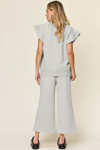 Double Take Texture Ruffle Short Sleeve Top and Drawstring Wide Leg Pants Set - Just Believe Boutique
