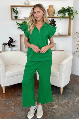 Double Take Texture Ruffle Short Sleeve Top and Drawstring Wide Leg Pants Set - Just Believe Boutique