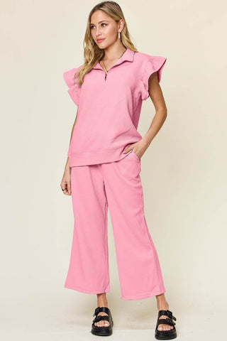 Double Take Texture Ruffle Short Sleeve Top and Drawstring Wide Leg Pants Set - Just Believe Boutique