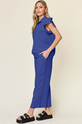 Double Take Texture Ruffle Short Sleeve Top and Drawstring Wide Leg Pants Set - Just Believe Boutique