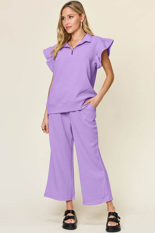 Double Take Texture Ruffle Short Sleeve Top and Drawstring Wide Leg Pants Set - Just Believe Boutique