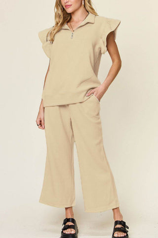 Double Take Texture Ruffle Short Sleeve Top and Drawstring Wide Leg Pants Set - Just Believe Boutique