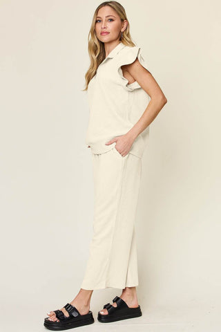 Double Take Texture Ruffle Short Sleeve Top and Drawstring Wide Leg Pants Set - Just Believe Boutique