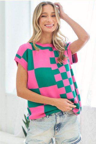 First Love Checkered Drop Shoulder Knit Top - Just Believe Boutique