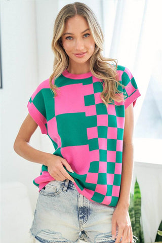 First Love Checkered Drop Shoulder Knit Top - Just Believe Boutique