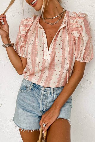 Frilled Short Puff Sleeve Mixed Print Blouse - Just Believe Boutique