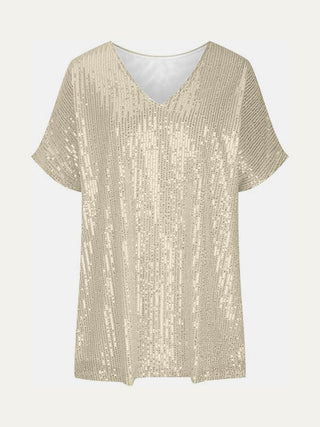 Full Size Sequin V-Neck Short Sleeve Top - Just Believe Boutique