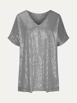 Full Size Sequin V-Neck Short Sleeve Top - Just Believe Boutique