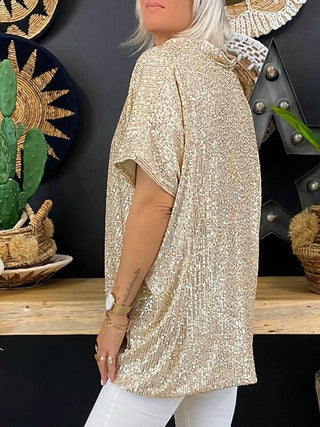 Full Size Sequin V-Neck Short Sleeve Top - Just Believe Boutique