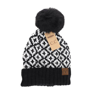 Fuzzy Lined Diamond Patterned Faux Fur Pom C.C Beanie - Just Believe Boutique
