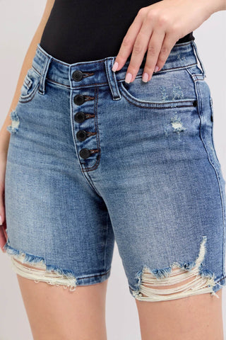 Judy Blue Button Fly Mid Length Denim Shorts W/ Destroy - Just Believe Boutique
