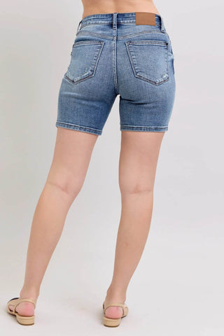 Judy Blue Button Fly Mid Length Denim Shorts W/ Destroy - Just Believe Boutique
