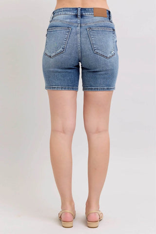 Judy Blue Button Fly Mid Length Denim Shorts W/ Destroy - Just Believe Boutique