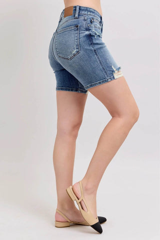 Judy Blue Button Fly Mid Length Denim Shorts W/ Destroy - Just Believe Boutique