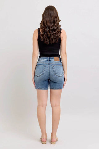 Judy Blue Button Fly Mid Length Denim Shorts W/ Destroy - Just Believe Boutique