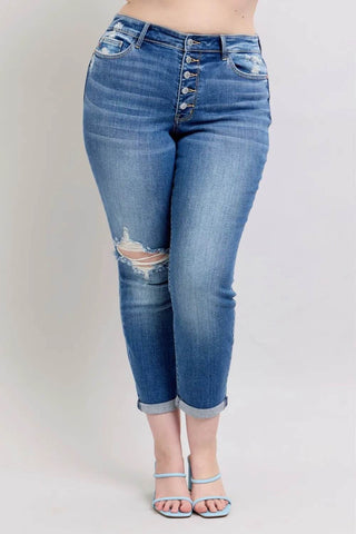 Judy Blue Full Size Button Fly Distressed Jeans with Pockets Plus Size - Just Believe Boutique