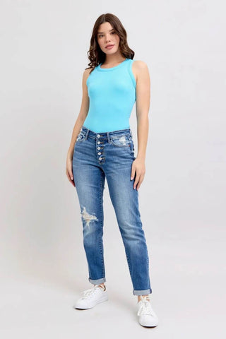 Judy Blue Full Size Button Fly Distressed Jeans with Pockets Plus Size - Just Believe Boutique