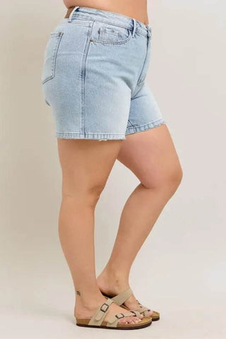 Judy Blue Full Size Frayed Hem High Rise Denim Shorts with Pockets Plus Size - Just Believe Boutique
