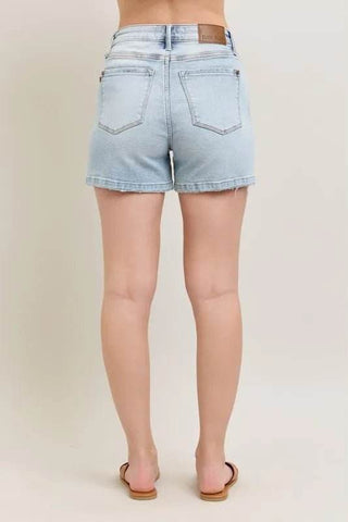 Judy Blue Full Size Frayed Hem High Rise Denim Shorts with Pockets Plus Size - Just Believe Boutique
