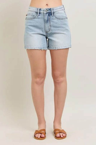 Judy Blue Full Size Frayed Hem High Rise Denim Shorts with Pockets Plus Size - Just Believe Boutique