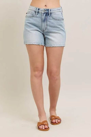 Judy Blue Full Size Frayed Hem High Rise Denim Shorts with Pockets Plus Size - Just Believe Boutique
