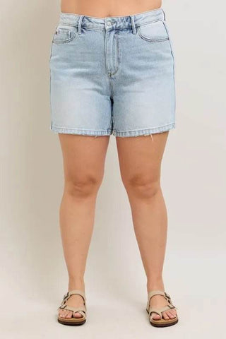 Judy Blue Full Size Frayed Hem High Rise Denim Shorts with Pockets Plus Size - Just Believe Boutique