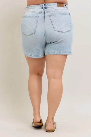 Judy Blue Full Size Frayed Hem High Rise Denim Shorts with Pockets Plus Size - Just Believe Boutique
