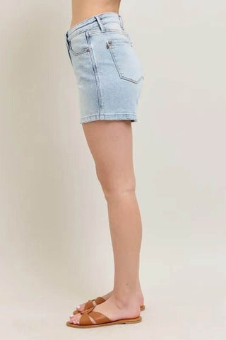 Judy Blue Full Size Frayed Hem High Rise Denim Shorts with Pockets Plus Size - Just Believe Boutique