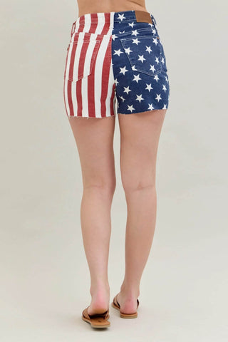 Judy Blue Full Size High Waist Americana Flag Fray Hem Shorts Plus Size - Just Believe Boutique