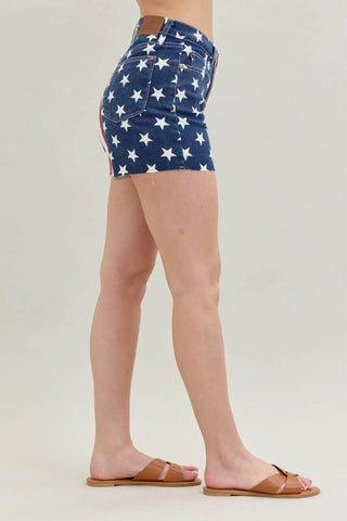 Judy Blue Full Size High Waist Americana Flag Fray Hem Shorts Plus Size - Just Believe Boutique