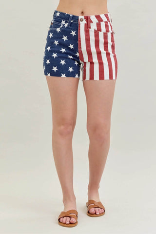 Judy Blue Full Size High Waist Americana Flag Fray Hem Shorts Plus Size - Just Believe Boutique