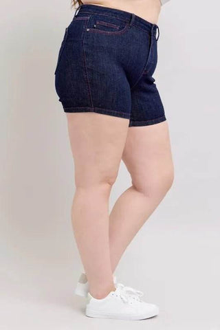 Judy Blue Full Size High Waist Heart Shaped Pkts & Red Contrast Thread Denim Shorts Plus Size - Just Believe Boutique