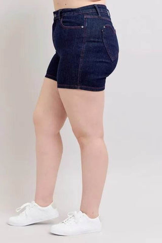 Judy Blue Full Size High Waist Heart Shaped Pkts & Red Contrast Thread Denim Shorts Plus Size - Just Believe Boutique