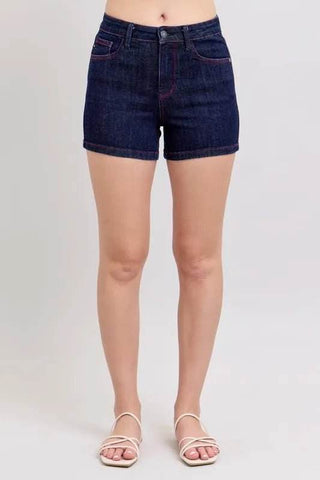 Judy Blue Full Size High Waist Heart Shaped Pkts & Red Contrast Thread Denim Shorts Plus Size - Just Believe Boutique