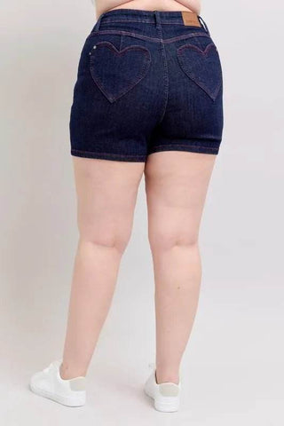 Judy Blue Full Size High Waist Heart Shaped Pkts & Red Contrast Thread Denim Shorts Plus Size - Just Believe Boutique