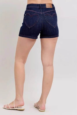 Judy Blue Full Size High Waist Heart Shaped Pkts & Red Contrast Thread Denim Shorts Plus Size - Just Believe Boutique