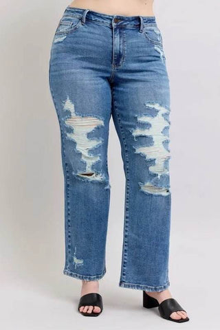 Judy Blue Full Size High Waist Heavy Destroy Straight Jeans Plus Size - Just Believe Boutique