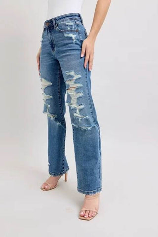 Judy Blue Full Size High Waist Heavy Destroy Straight Jeans Plus Size - Just Believe Boutique