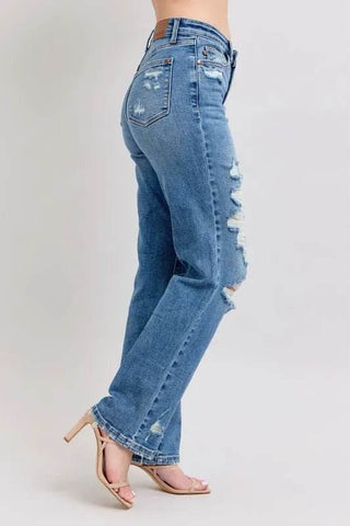 Judy Blue Full Size High Waist Heavy Destroy Straight Jeans Plus Size - Just Believe Boutique