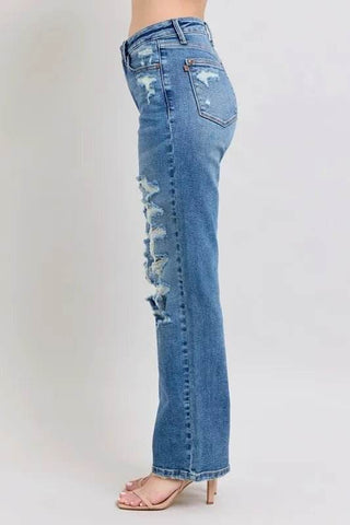 Judy Blue Full Size High Waist Heavy Destroy Straight Jeans Plus Size - Just Believe Boutique